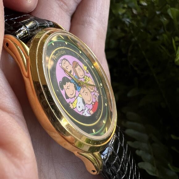 VTG Armitron Peanuts Characters watch GoldTone Black Leather Strap Needs Battery - Picture 16 of 16